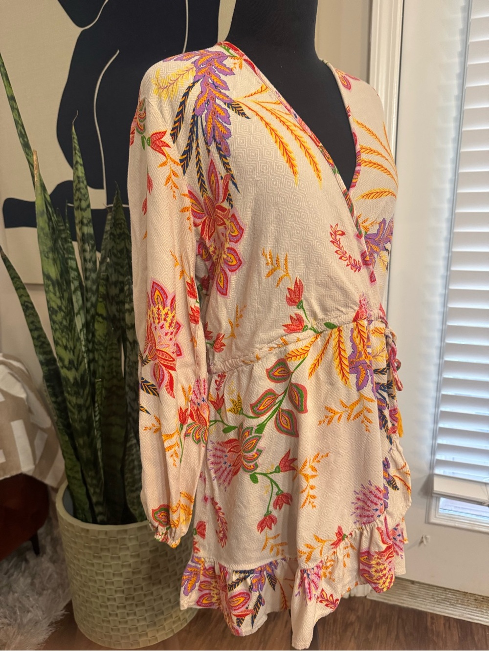 blue island Cream Floral Tie-Waist Swim Coverup - Picture 3 of 12